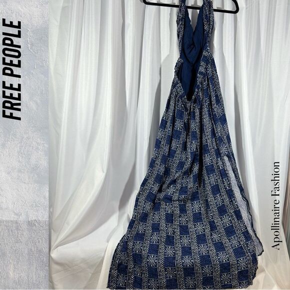FREE PEOPLE PEYTON MAXI DRESS SIDE SLITS IN NAVY COMBO NWOT LARGE - Picture 7 of 8